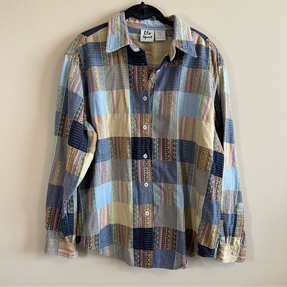 Vintage Tops - ✨ Vintage LG Sport Multicolor Patchwork Long Sleeve Button Down Shirt Large